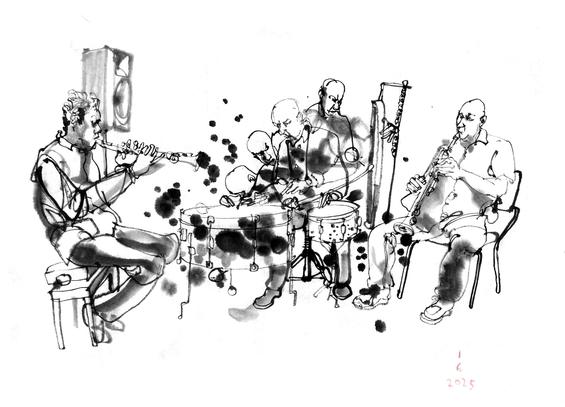 inkdrawing of three musicians, on the right and left men playing soprano saxophones , center a man on percussion, depicted multiple times.