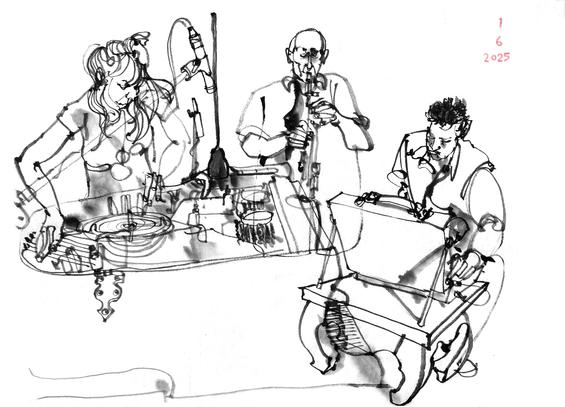 ink drawing of three musicians, on the left a woman playing diverse objects inside a grand piano, center a male soprano saxophones player and right a man on a case with electronics.