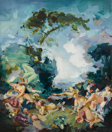 Gemälde in fast impressionistischem Stil
Es zeigt eine Gruppe von halbnackten Frauen in einer Landschaft mit Bäumen.