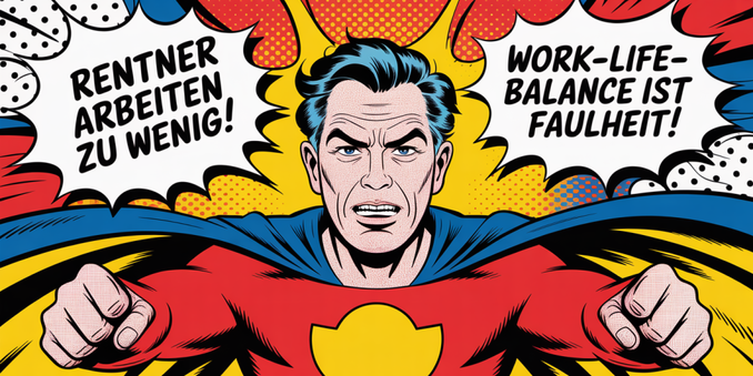 A Pop Art illustration in the style of Roy Lichtenstein depicts a retired man in a vibrant superhero costume, defiantly posed against a chaotic backdrop. The man's face displays a complex mix of emotions – anger, mockery, and stubbornness – exaggerated with bold outlines and Ben-Day dots. He is surrounded by dynamic, colorful speech bubbles containing pointed phrases like "Rentner arbeiten zu wenig!" and "Work-Life-Balance ist Faulheit!", visually illustrating the societal pressure he faces, with a background of exaggerated comic book elements and a whirlwind of contrasting colors. The composition uses strong graphic lines and flat planes of color to represent the overwhelming noise of media and politics.