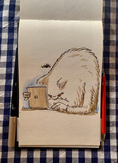 An illustration of a furry creature with a grumpy expression, intently focused on a notebook or tablet. The creature's claws are visible, and it is depicted hunched over its device.