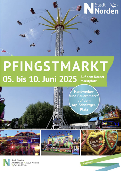 Plakat des Norder Pfingstmarkts mit Ankündigungstext und Fotos von Attraktionen