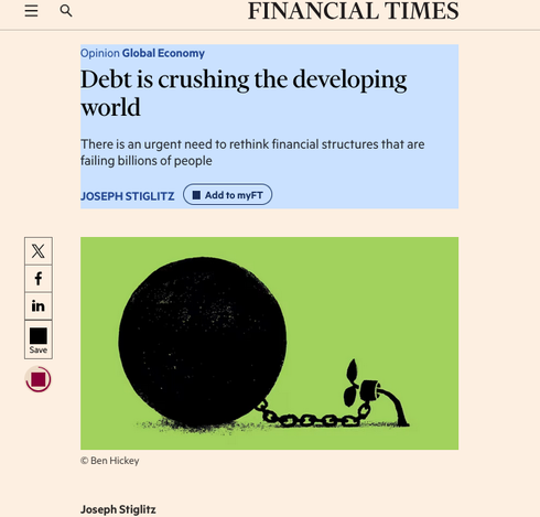 Start of linked article - title reads
Debt is crushing the developing world
There is an urgent need to rethink financial structures that are
failing billions of people

Below a drawing of a small bowed tree chained to a very very large ball is shown.