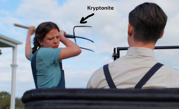 Mia Goth from Pearl 2022 in the middle of killing the character played by David Corenswet who plays Superman in the new movie. A little arrow pointing at her weapon with a caption: Kryptonite.