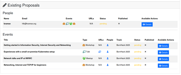 Screenshot of BornHack submission system, with 4 proposals:
* Getting started in Information Security, Internet Security and Networking 	Workshop 		
* Experiences with a small on-premise Kubernetes setup
* Network talks and IP at NWWC 	Meetup 	
* Networking, Internet and TCP/IP for beginners 	Workshop