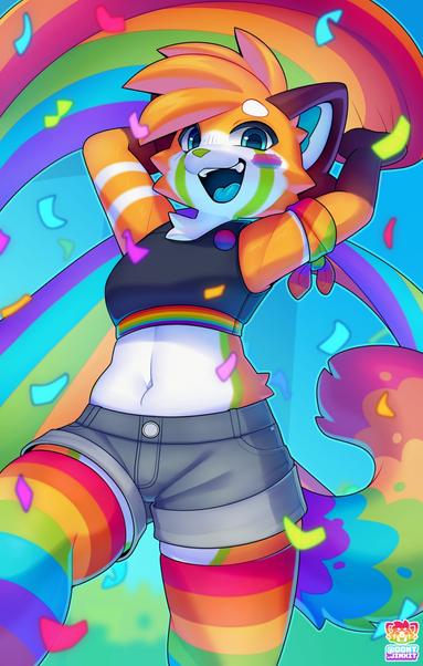 Digital art Furry image

Shown is Pocky, an anthropomorphic, bipedal red panda with orange and white fur with green accents. She has big, dark-colored ears, blue eyes and a fluffy, orange hairstyle.

Her big, fluffy tail is also rainbow colored in this pic.

It's an extremely colorful pic with rainbow streamers and confetti flying around.

Pocky is raising her arms behind her back and wears a belly-free, black top with rainbow colors at its hem and a bisexual pride button on it.

Her white-furred belly is uncovered.
On her lower body, she's wearing grey shorts and rainbow colored thigh-high socks or legwarmers on both legs.

She seems happy and celebrating, smiling at the viewer, some of her teeth showing.