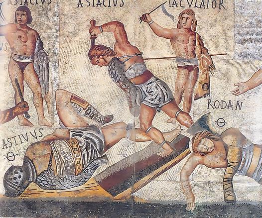 In this scene, we see Astivus, a hoplomachus, lying on the ground while the retiarius Astacius stands above him to inflict the killing strike. Astivus’ carries the symbol theta suggesting he is doomed to die if not dead already. Next to Astacius is an incitator (encourager to fight) named Iaculator. Below him is a portrait of a dead gladiator named Rodan who also carries the theta symbol.