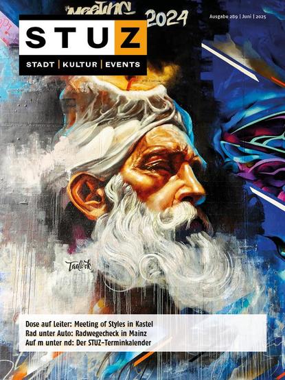 Das Titelblatt der STUZ Nr. 289, Juni 2025
Zu sehen ist ein Graffito vom Meeting of Styles in Kastel aus dem letzten Jahr. Dargestellt das Portrait eines älteren Herren mit weißem Rauschebart, dessen Haare auf dem Kopf in eine brennende weiße Kerze übergehen. 

Auf dem Teaser ist zu lesen:
Dose auf Leiter: Meeting of Styles in Kastel
Rad unter Auto: Radwegecheck in Mainz
Auf m unter nd: Der STUZ-Terminkalender
