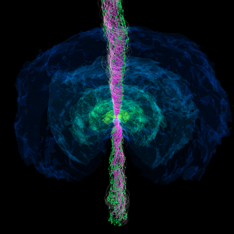 Still image from the numerical simulation at around 1.3 seconds after the neutron star merger. It shows the density of the matter around the central remnant black hole, as well as the magnetic field lines and the jet.