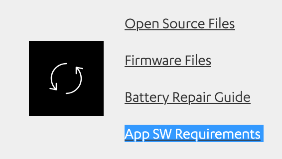 Screenshot eines Details der Produktseite. 
- Open Source Files
- Firmware Files
- Battery Repair Guide
- App SW Requirements 

The last bullet point is highlighted.