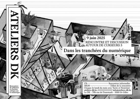 Visuel noir et blanc réalisé à partir de l'image de couverture de Curseurs, sur laquelle on voit différentes petites scènes peintes à l'aquarelle, dans lesquelles se mêlent soldats, drones, dispositifs de surveillances, vente d'invendus alimentaire par une startup.
