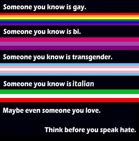 Et billede af forskellige pride flag lagt ud på stribe med teksten:
Nogen du kender er gay
Nogen du kender er bi
Nogen du kender er transkønnede
Nogen du kender er italienske (efterfulgt af Italiens flag)

Måske endda nogen du elsker

Tænk før du hadtaler