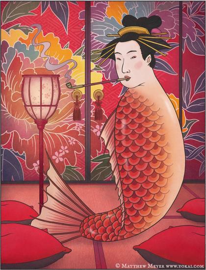 A woman's head on a fish body, smoking a pipe in a luxurious room surrounded by red cushions.