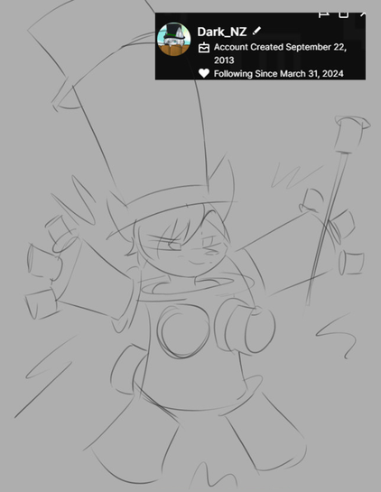 A digital sketch of a male anthropomorphic arctic fox wearing a magical mecha-suit made of top-hats. It has an upside down top-hat torso with his shoulders and head sticking out of it, top-hats for arms legs and a tail with little mini-tophats for fingers, an enormously tall top-hat on his head with another smaller one on top of that and he is holding a cane with an upside-down top-hat as the handle. The torso also has a pair of top-hat boobs, which may or may not indicate the presence of actual boobs underneath...