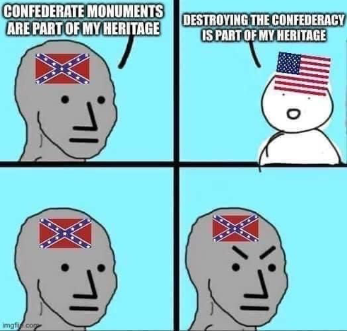 Four panel cartoon showing a racist troll arguing with an American. The troll says that the Confederate flag is his heritage. The American responds that destroying the Confederacy is *his* heritage. The next two panels show the troll processing, then grimacing. LOl