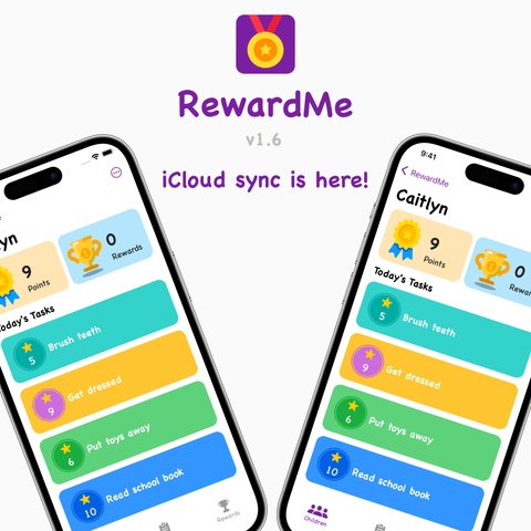 Artwork showing two iOS devices with RewardMe running, tag line iCloud sync is here