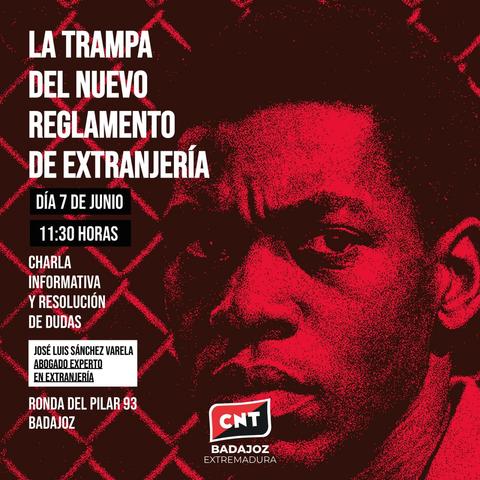 LA TRAMPA DEL NUEVO REGLAMENTO DE EXTRANJERÍA

DİA 7 DE JUNIO
11:30 HORAS

CHARLA INFORMATIVA Y RESOLUCIÓN
DE DUDAS

JOSÉ LUIS SÁNCHEZ VARELA 
AB0GADO EXPERTO EN EXTRANJERÍA

RONDA DEL PILAR 93 BADAJOZ

CNTBADAJOZ EXTREMADURA

Imagen una persona junto a una reja