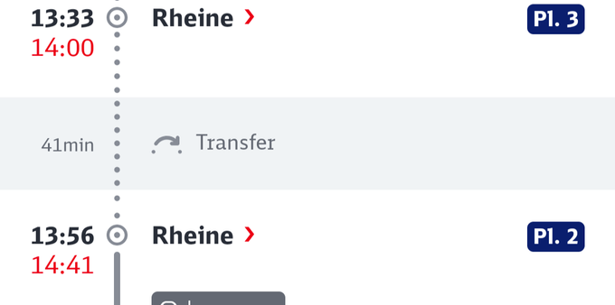 Screenshot vom DB Navigator. Erster Zug ist verspätet und der Anschlusszug hat noch mehr Verspätung.