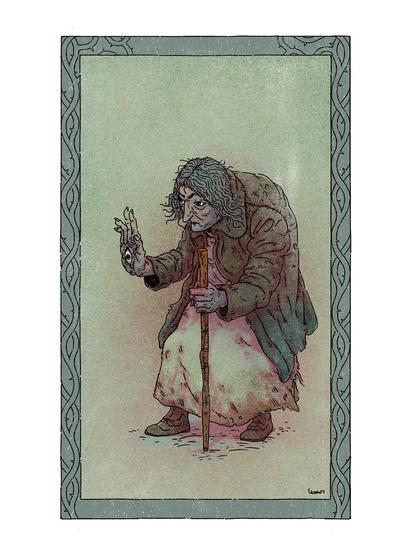 Illustration of an old lady with an open eye on the palm of her hand