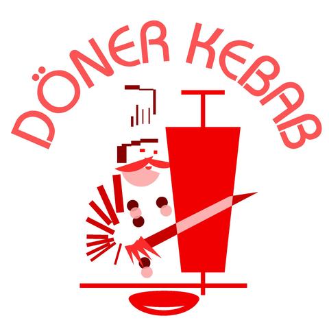 Eine Grafik in Rottönen. Oben steht in einem Kreisbogen "Döner Kebab" in Großbuchstaben. Darunter ist eine Person zu sehen, die mit einem Messer einen Dönerspieß schneidet. Die Grafik ist aus einfachen Formen zusammengestellt und sehr vereinfacht.