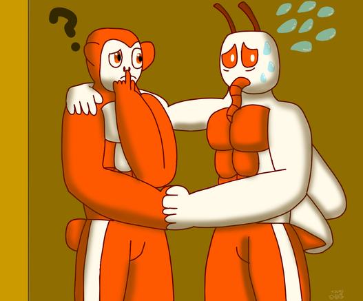 Buzz (muscular bowling pin mosquito) putting his hand on Goliath (muscular bowling pin gorilla)'s right shoulder and holding his left hand with Goliath's right hand, looking very scared and at the camera.
Goliath looks at Buzz confused.
