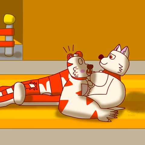 Drawing of Kutora (bowling pin tiger) and Wolfer (bowling pin wolf) laying down on the pin deck after Kutora gets knocked over and tackles Wolfer, face-down. Kutora's pectorals are in contact with Wolfer's abdomen, and Kutora looks surprised while Wolfer looks at Kutora calmly.