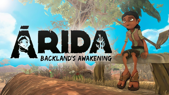 Frame do jogo com a personagem sentada num banco. No texto: Árida: Backland's Awakening.