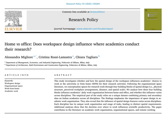 Migliore, A., Rossi-Lamastra, C., & Tagliaro, C. (2025). Home vs office: Does workspace design influence where academics conduct their research? Research Policy, 54(7), 105269. https://doi.org/10.1016/j.respol.2025.105269