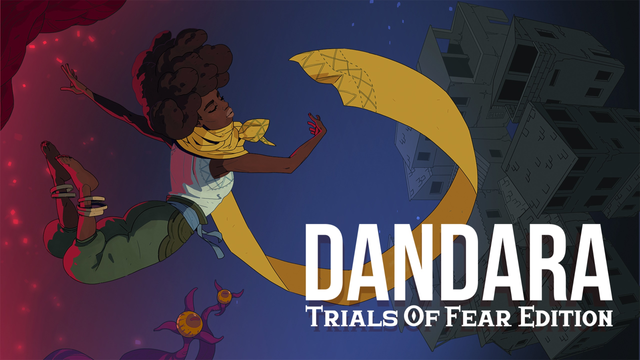 Personagem do jogo com o texto DANDARA: TRIALS OF FEAR EDITION.