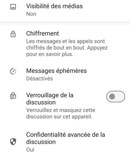Capture d'écran des paramètres d'une discussion whatsapp, le dernier paramètre étant la confidentialité avancée de la discussion, noté oui