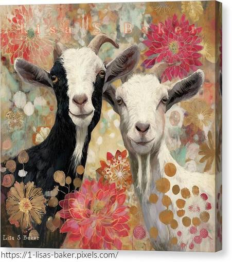An art print of two goats stand side by side, surrounded by vibrant dahlias and golden flowers in a colorful collage mixed media batik style, with warm pink, gold, and orange hues blending abstract floral patterns and textures. Art by Lisa S Baker.
