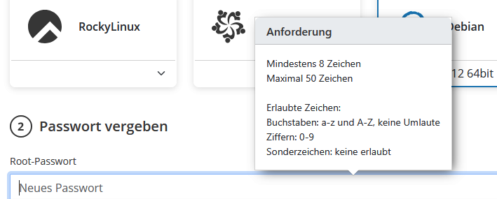 Screenshot der Eingabemaske für das Root-Passwort mit dem Hinweis dass keine Sonderzeichen erlaubt sind.