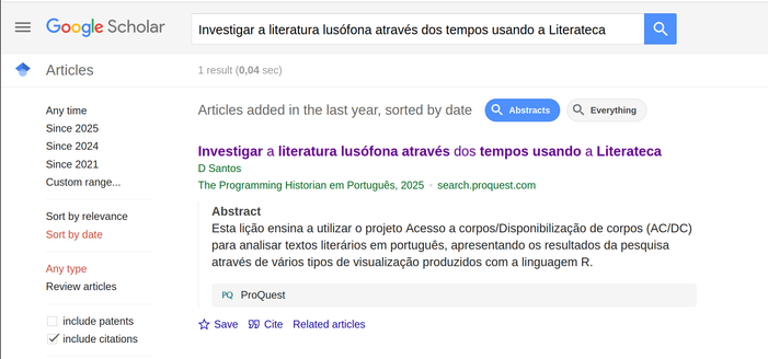 Google Scholar search result for the same article, with the data source mentioned as ProQuest, and with the link (invisible) on the title going to the ProQuest page.