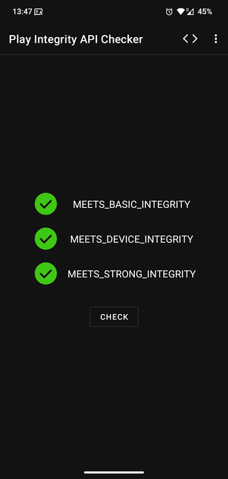 Wyniki Play Integrity API Checker. Meets_basic_integrity, meets_device_integrity oraz meets_strong_integrity mają zielone checkmarki.