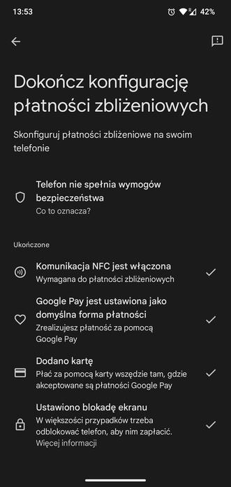 Zrzut ekranu konfiguracji Portfela Google z informacją, że telefon nie spełnia wymogów bezpieczeństwa.