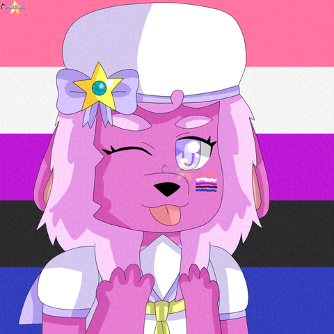 A drawing of a pink hybrid bunny/alpaca, wearing a white beret with a yellow star compact on a lavender bow on it, white sailor shirt with light-yellow belt, has a genderfluid flag (pink, white, purple, black and dark blue stripes) mark on her face. Background is also genderfluid flag.