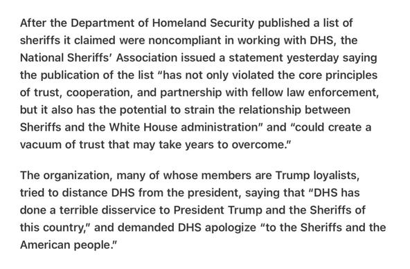 Heather Cox Richardson 6/1/2025 
Homeland Security Releases Names of “noncompliant” Sheriffs
National Sheriff’s Association Demands Apology

After the Department of Homeland Security published a list of sheriffs it claimed were noncompliant in working with DHS, the National Sheriffs’ Association issued a statement yesterday saying the publication of the list “has not only violated the core principles of trust, cooperation, and partnership with fellow law enforcement, but it also has the potential to strain the relationship between Sheriffs and the White House administration” and “could create a vacuum of trust that may take years to overcome.”

The organization, many of whose members are Trump loyalists, tried to distance DHS from the president, saying that “DHS has done a terrible disservice to President Trump and the Sheriffs of this country,” and demanded DHS apologize “to the Sheriffs and the American people.”