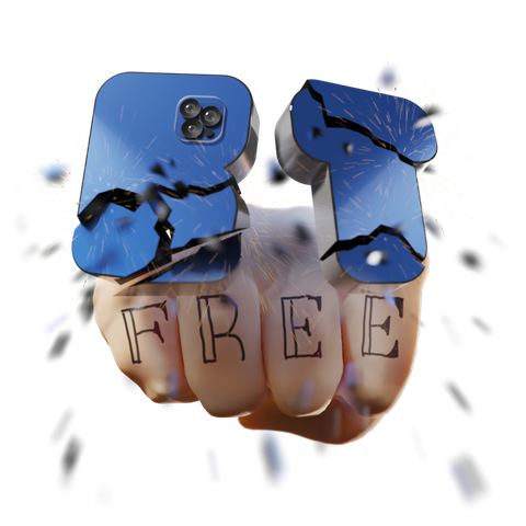 A fist with a tattoo saying "FREE" is punching through what looks like 2 high-tech devices in shapes of letters B and T.