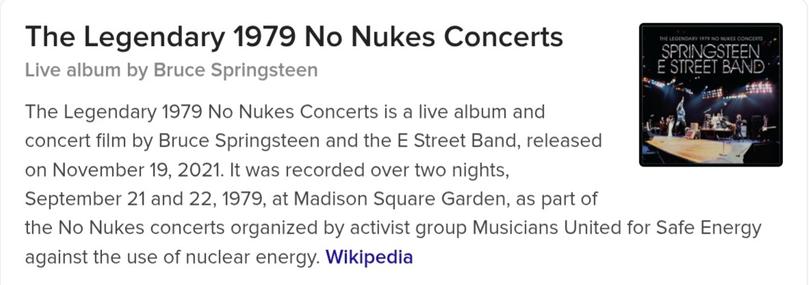 Wikipedia screengrab: Photo of the No Nukes album cover featuring Springsteen and the Band. Also a description of the anti nuclear power reasoning behind the two concerts held in 1979.