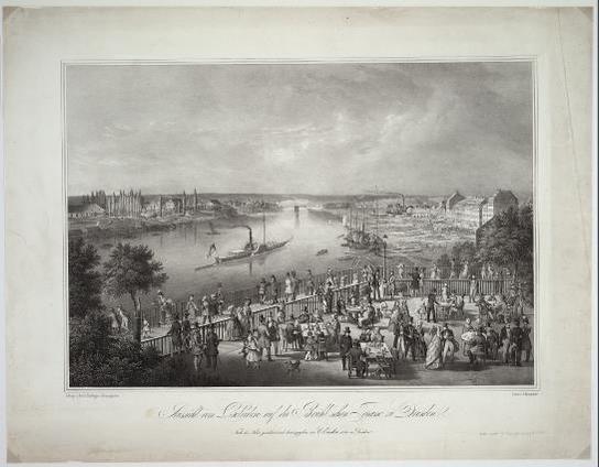 Das Belvedere entwickelte sich unter August Haßfeld zu einem modernen Restaurant mit einer exquisiten Küche und erfreute sich großer Beliebtheit. Nach der Natur gezeichnet und herausgegeben von Johann Carl Enslen, Lithographie von Carl Wilhelm Arldt, Staffagen von Friedrich August Baumgarten um 1840