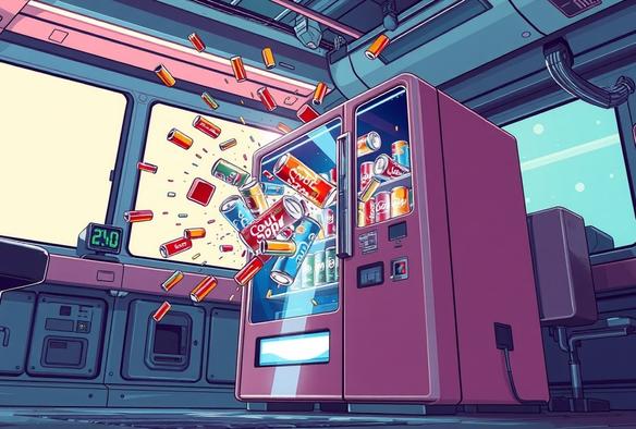 A cartoonish vending machine explodes with soda cans and lights