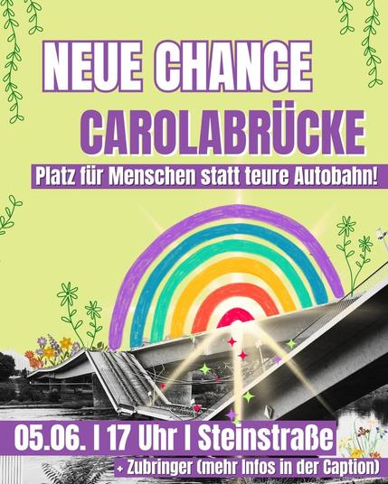 Ein Bild der zusammengefallenen Carolabrücke mit Regenbogen darüber kündigt die Demo an. Sie findet am Donnerstag 05.06. um 17 Uhr in der Steinstraße statt.