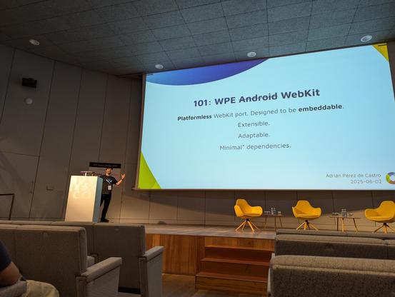 The Web Engines Hackfest main auditorium during Adrián's talk on WPE in Android.