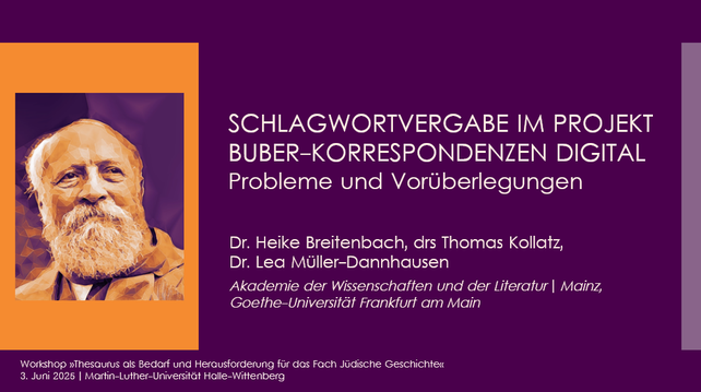 Präsentationsfolie zum Vortrag "SCHLAGWORTVERGABE IM PROJEKT BUBER-KORRESPONDENZEN DIGITAL. Probleme und Vorüberlegungen" von Dr. Heike Breitenbach, drs Thomas Kollatz, 
Dr. Lea Müller-Dannhausen
Neben der Schrift ist das Logo des Projekts Buber-Korrespondenzen Digital zu sehen.