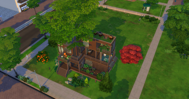 Vue aérienne d'une de mes constructions sims : elle est construite autour d'un arbre et s'élève sur deux niveaux !