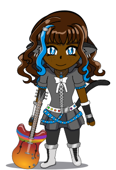 A chibi overworld “sprite” of Janice. She has shoulder-length curly dark brown hair with blue streaks, has blue eyes, has panther ears and a tail with faint jaguar markings and freckles. Her outfit has a gray minidress with black leggings or skinny jeans with white boots, a brushed metal and white gauntlet on one hand and a black glove with brushed metal bracelets on the other. She wears several pieces of brushed metal and glass jewelry and is holding a guitar.