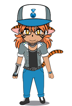 A chibi overworld “sprite” of Terrell. He has shoulder-length scruffy orange hair, has golden-brown eyes, has tiger ears and tail and has tiger stripe markings on his face and wears glasses. His outfit is based on 2000’s punk rock fashion, and wears a trucker hat. He wears a graphite and white jacket with a black T-shirt, blue jeans, a brushed metal wristwatch on one hand and a sleek black and white gauntlet on the other, and wears black and white sneakers.