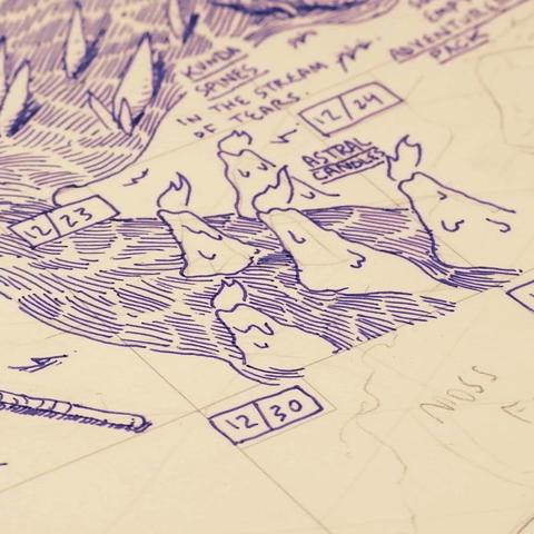 12/23: "Astral Candles" 5 melty pillars with fires shooting out their tops rise from flowing waters