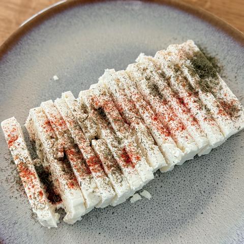 A close-up of the plate with the dressed feta cheese as described in the post.