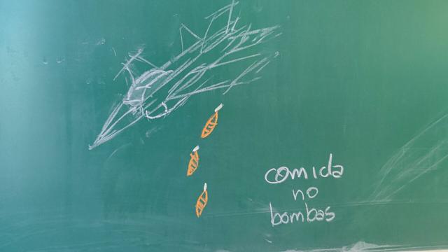 Chalk drawing of a figther jet dropping carrots with a message in Spanish 'comida, no bombas'